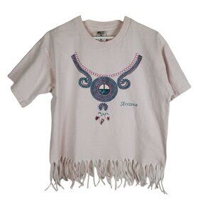FRUIT of the Loom L Arizona Pink Cropped T-shirt Southwest‎ Fringe Crewneck